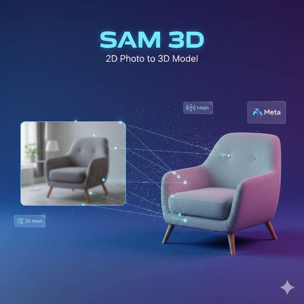 SAM 3D, Segment Anything 3D, Meta AI, 3Dモデリング, AI生成 3D, 2D to 3D, オープンソース AI, AR/VR 技術, メタバース, Eコマース 3D, 人体系 3D, 物体認識 3D