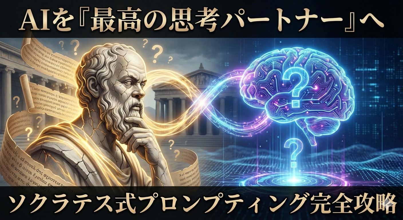 AIの回答が浅いと感じていませんか？答えを丸投げせず、対話を重ねて思考を深める「ソクラテス式プロンプティング」の決定版ガイド。AIを最高の思考パートナーに変える5つの実践的なプロンプトテンプレートを公開中。論理的思考をブーストし、ハルシネーションを防ぐ究極の活用術を今すぐマスターしましょう。
